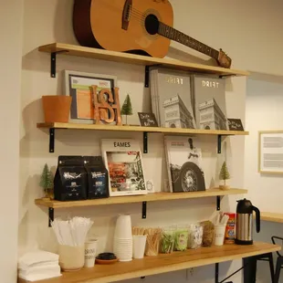 a guitar on a shelf above a desk