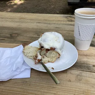 Drip coffee, cinnamon roll