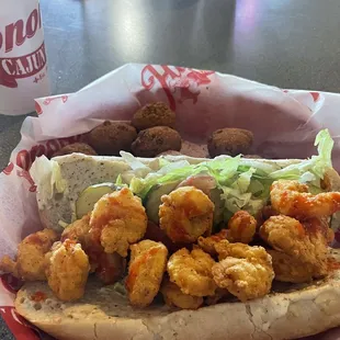 Shrimp po boil with a side of hush puppies (lots of shrimp...my son actually ate a couple before this picture)