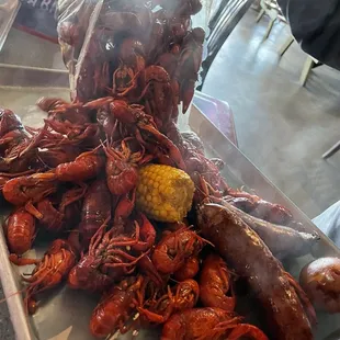 5lbs crawfish with the trio (2 potatoes, a sausage and a corn).