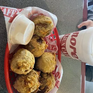 Brook&apos;s famous boudin balls...REALLY good.  The ranch side was great, but not a huge fan of the orange sauce (needs to be spicier).