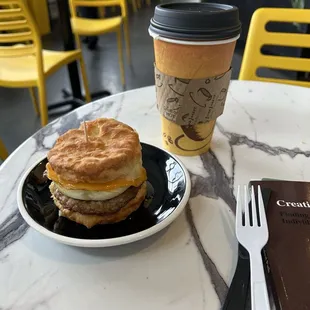 Sausage breakfast sandwich and peppermint tea