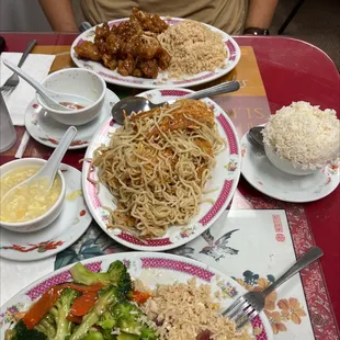 Broccoli Chicken plate, Plain Pan Fried Noodle, Orange chicken plate, Pork fried rice!