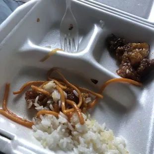 Orange Chicken Plate, chow mein, white rice
