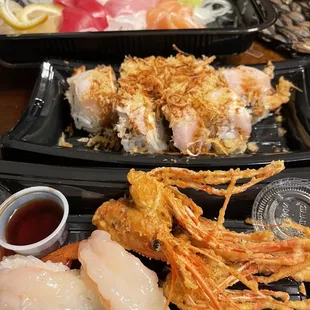 From back- sashimi, crispy yellowtail tataki roll, and sweet shrimp sushi