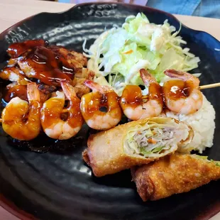 Chicken teriyaki and shrimp combo plate with egg roll, about $17