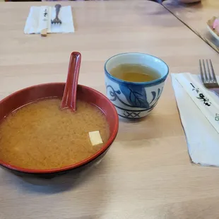 Miso soup $3.99 and green tea