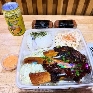 Time for grubbing! Beef Rib Plate , Aloha Maid (11.5 fl oz), and Spam Musubi