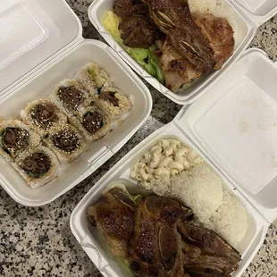 Teriyaki Rolls, Mixed BBQ Plate, and Kalbi Plate