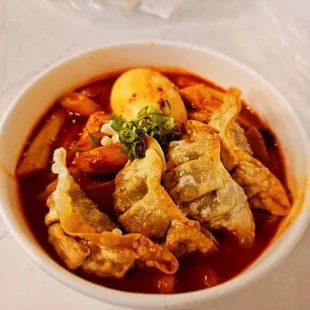 Tteokbokki (spicy rice cake stew) with fried Mandoo