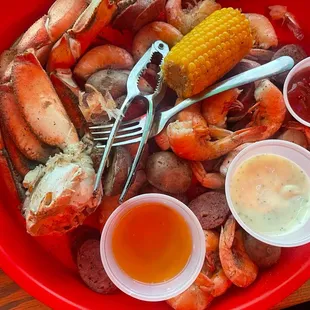 Seafood Bag with crab, shrimp and corn and sausage on the side