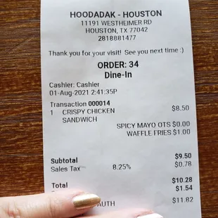 Chicken sandwich Receipt