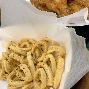 Honey Garlic Wings (10 pc small) and Calamari Fries w/ spicy aioli that came w/ the calamari