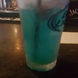 Dont know the name! Pretty sure it contained 4 or 5 spirits: rum, vodka, tequila, whiskey, gin. Plus Blue Curaco &amp; sour.