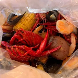 shrimp, corn, potatoes, and shrimp