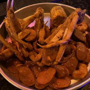 Shrimp, sausage, snow crab legs boil