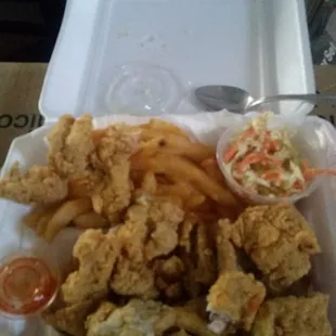 Catfish nuggets, fries and coleslaw