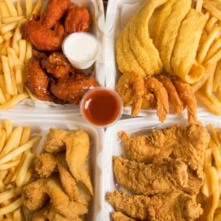 Whole Wings dinner , chicken tenders dinner , catfish, Buffalo wings dinner