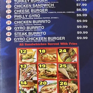 Subs, burgers, Gyros, burritos, chicken sandwiches