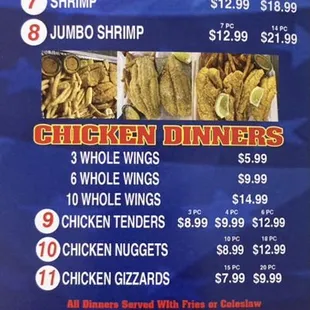 Fish Dinners, shrimp dinners, chicken dinners