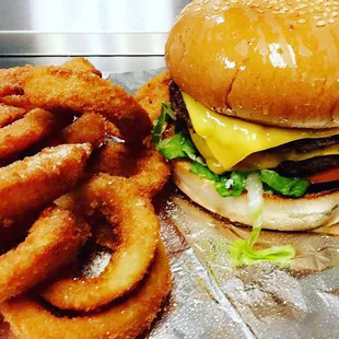 Our famous Double cheese burger with onion rings