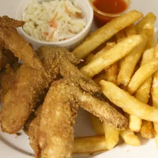 a plate of fries and coleslaw