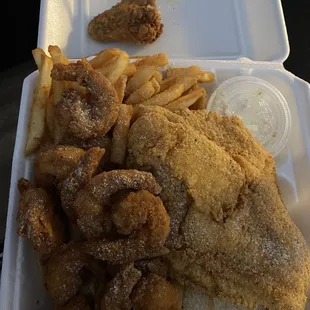 Catfish and shrimp and a chicken wing in the back