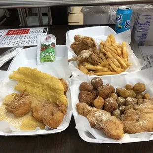 Fried 3 Whole Wings &amp; 2 Piece Fish Combo, Fries,  Hush puppies,  Fried Okra, Fried scallops