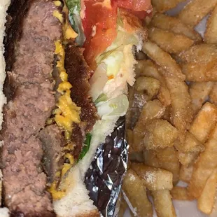 a hamburger and fries