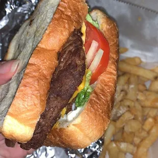 a hand holding a sandwich and french fries