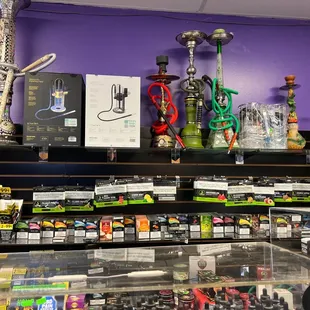 a variety of hookah items on display