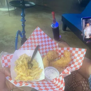 Chicken tender plate with ice hose hookah that makes every puff super smooth