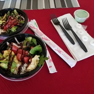 This was our lunch order. Comes with chopsticks, plastic forks, napkins, 4 lifesavers and my husband ordered his wasabi on the side