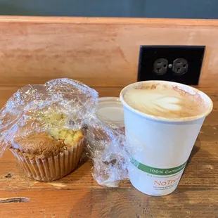 Chocolate muffin and mocha coffee.