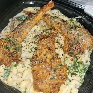 Fried Lamb and Alfredo Pasta