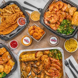 a variety of seafood dishes