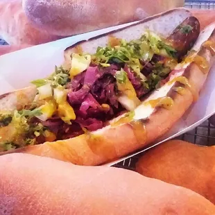 Foot long hot dog with Saurkraut and pickled green tomatoes and mustard sauce