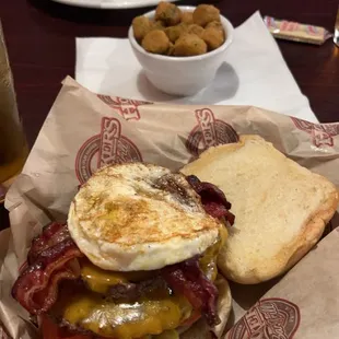 Bacon cheddar burger with an egg &amp; chicken fried steak with fried Okra