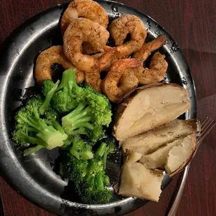 Grilled shrimp, steamed broccoli, baked potato
