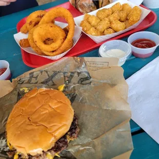 Double cheeseburger, onion rings &amp; taters