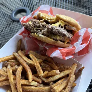 Double burger with bacon and fries