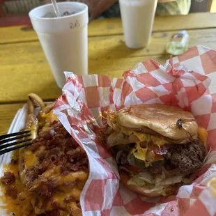 Double cheeseburger with bacon and cheese fries.
