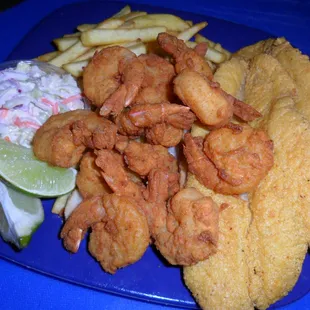 Hand battered and seasoned Catfish and Shrimp platter