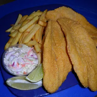 Hand battered and seasoned 3pc Catfish platter