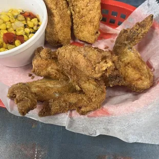 3 pc chicken wings with 2 pc cod and roasted corn