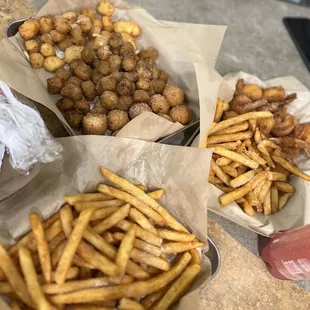 Southern Fried Okra, Half Pan of Fries, Cheese Curds, Jumbo Shrimp (7 Pcs), Hush puppies