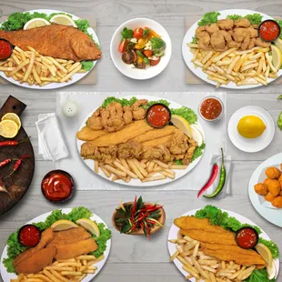 a variety of fish and chips