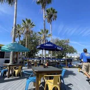 tables and chairs with umbrellas