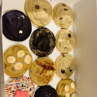 Chocolate chip, dark chocolate chip, Oreo, white chip cranberry, campfire, s&apos;mores, creme brûlée and party animal.