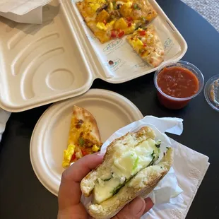 Egg white breakfast sandwich and veggie breakfast pizza